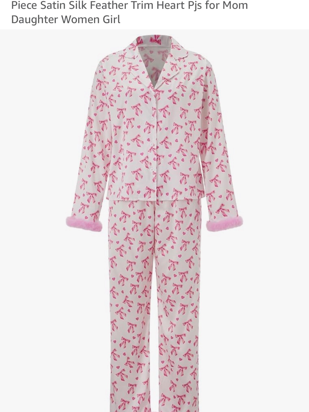 Amazon - Women's Pink Bow-Print Satin-Trim Pajama Set Size Small